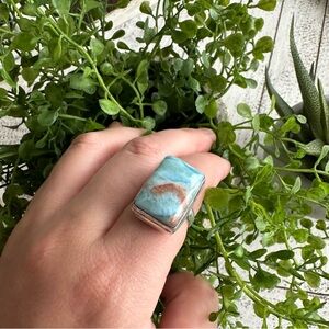 Larimar Blue Brown 8.5 ring Sterling Silver Plated Rounded Square Gemstone